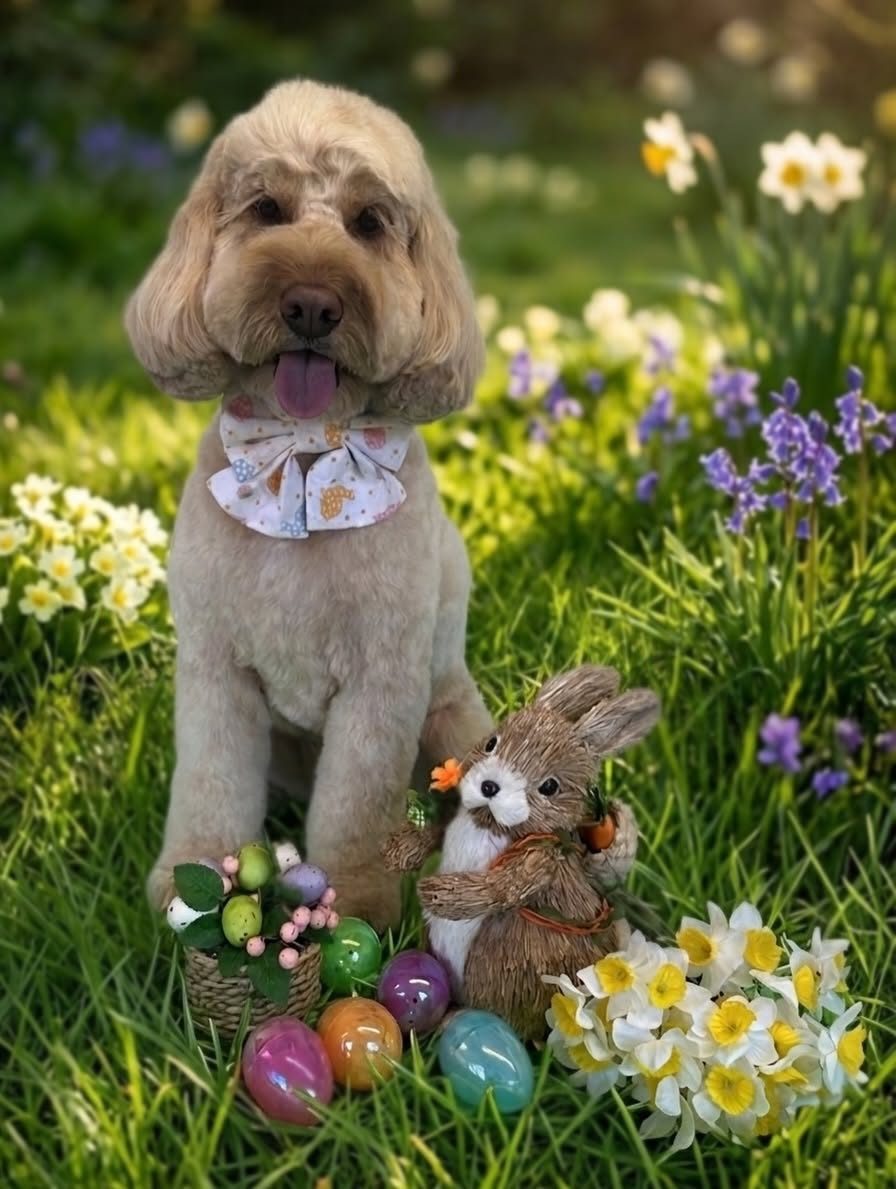 Apricot cockapoo groomed for Easter