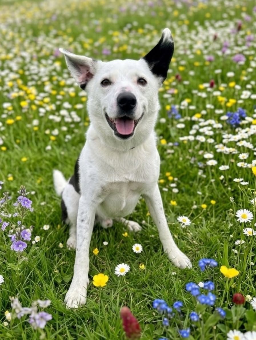Happy collie-type dog freshly groomed in a meadow